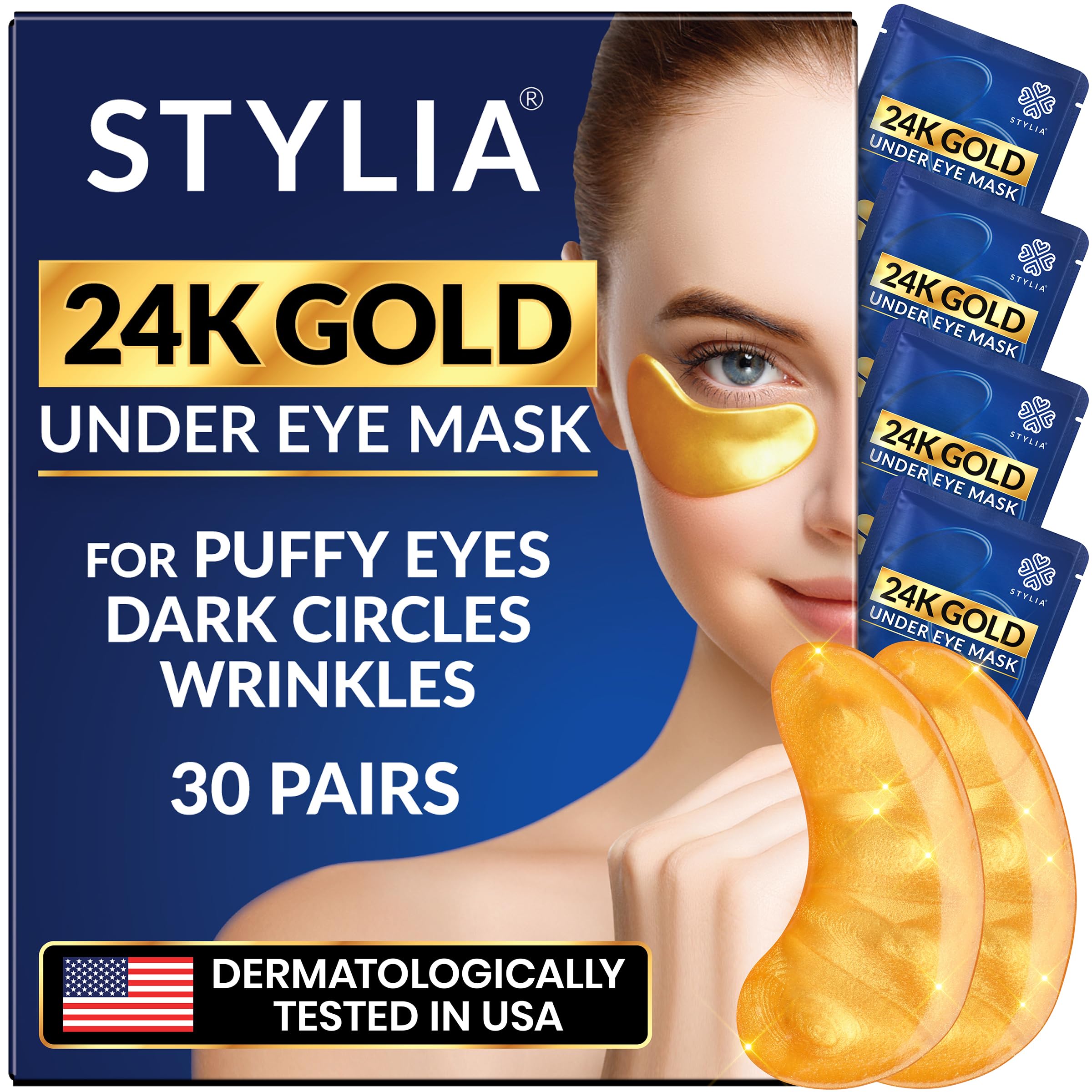 24k Gold Eye Masks for Dark Circles and Puffiness (30 Pairs) - With Hyaluronic Acid, Perfect for Women, Valentines Day Gifts